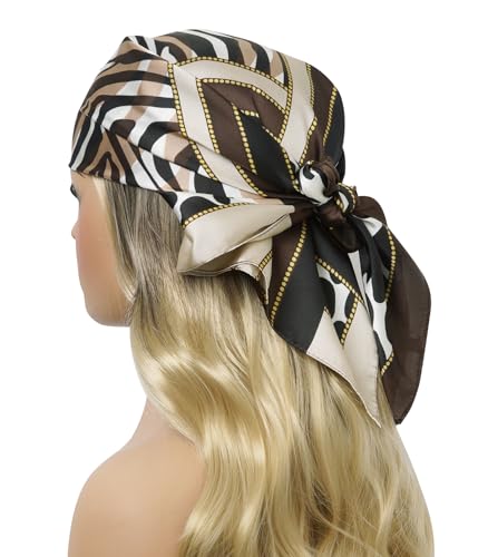 CHUNG Women's Scarf Hair Bandanas Square 27.5" Satin Wrap Fashion Pattern Scarves Emulation Silk Handbag Ribbons Necktie - color: Brown Leopard-103#