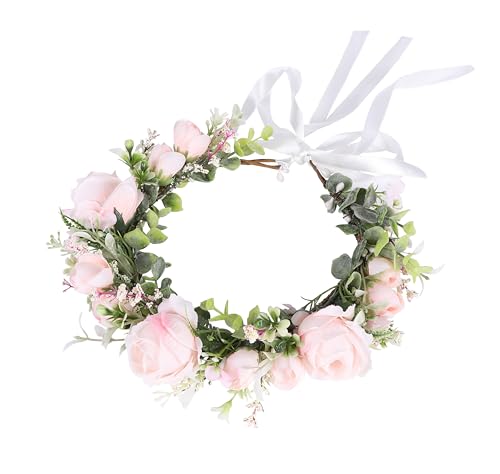 Vivivalue Women Flower Crown Rose Floral Headband Hair Wreath Floral Headpiece Halo Boho with Ribbon Wedding Party Pink - color: 71