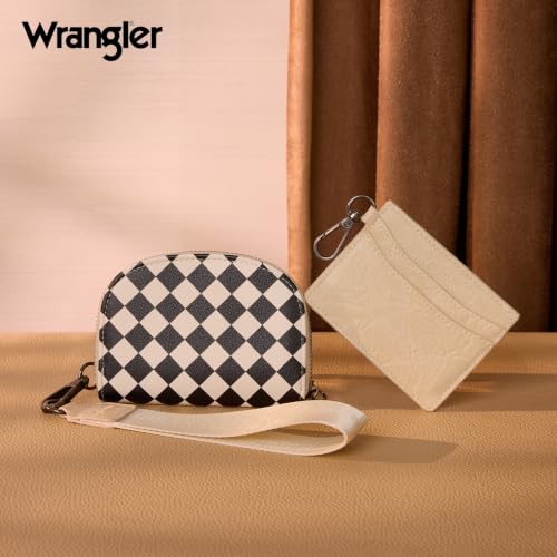 Wrangler KeyChain Wallet Checkered Wristlet Wallets for Women Western Dual Pouch Wristlet Credit Card Holder Wallet - color: Checkered Tan