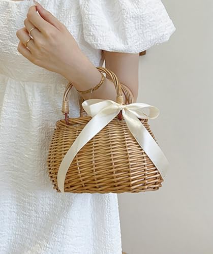 Wicker Basket Lace Ribbon Handbag Vacation Wedding Woven Handbag Drawstring Inner Pouch Daily Use Gift - color: C