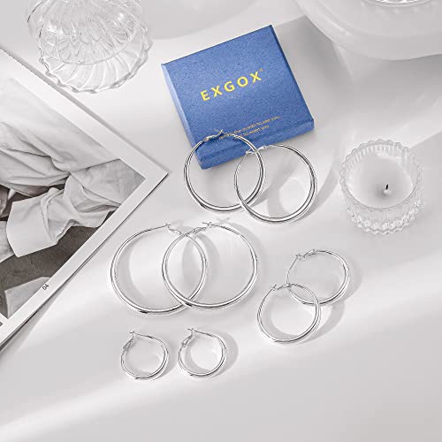 EXGOX Sterling Silver Hoop Earrings - Hypoallergenic, Lightweight, Chunky, 14K Real Gold Plated, Big Large Hoops for Women - color: Chunky&Silver hoop 60mm