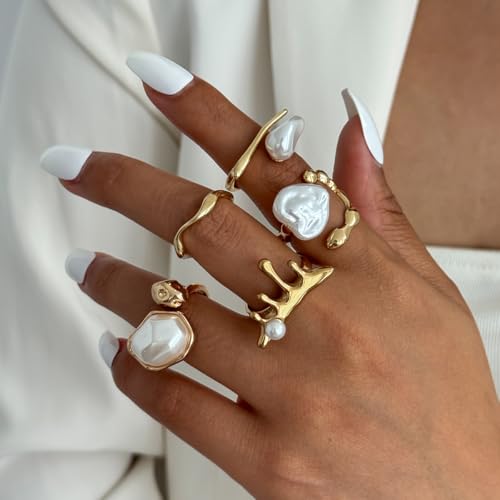 Chunky Gold Pearl Rings for Women Vintage Baroque Pearl Rings Set Open Stacking Pearls Ring Set Irregular Geometric Pearls Ring Boho Prom Costumes Fashion Jewelry Accessories - style: 5PCS A