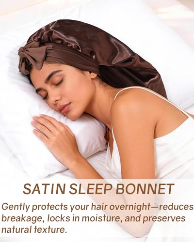 AWAYTR Long Satin Bonnet for Braids - Elastic Silk Hair Bonnets for Sleeping Night Cap Stretchy Tie Band for Women（Brown） - color: Brown