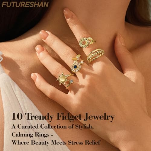 10Pcs Fidget Anxiety Rings for Women Adjustable Spinner Ring Gifts for People With Anxiety Moon Sun Butterfly Galaxy Daisy Flower CZ Stress Relief Calm Rings Jewelry 14K Gold/Silver/Rose Gold Plated - color: 14K Gold Plated