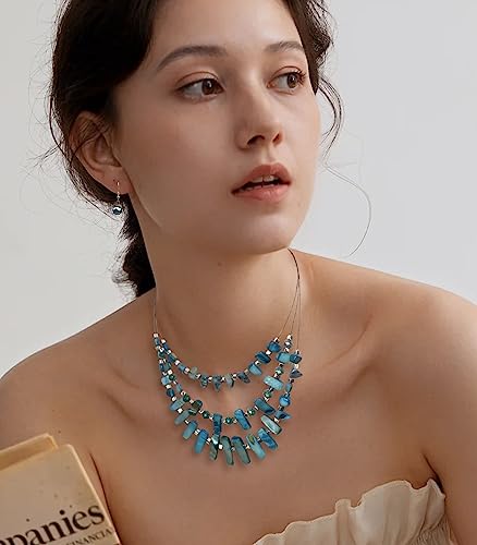3 Layered Chunky Statement Necklace for Women Beaded Strand Necklaces with Earring Fashion Costumes Collar Necklace Jewelry Sets Gifts for Women - color: 50-Peacock Blue