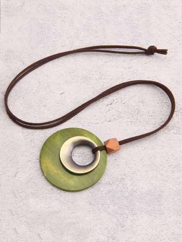 GelConnie Leather Cord Necklace Chain Multilayer Wooden Pendant Necklaces Vintage Jewelry Boho Long Sweater Necklace for Women Men - color: Circle Gold Wood Necklace