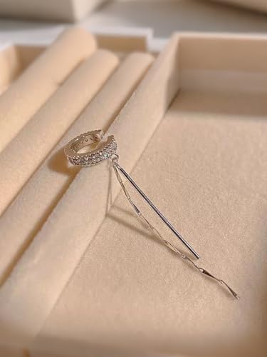 Silver Chain Earrings for Women Dainty Long Tassel Chain Hoop Earrings Layered Shiny Ring Non Piercing Earring Y2K Drop Dangle Cuff Earring Crystal Huggie Clip Hoops Gift for Her - color: Left Ear