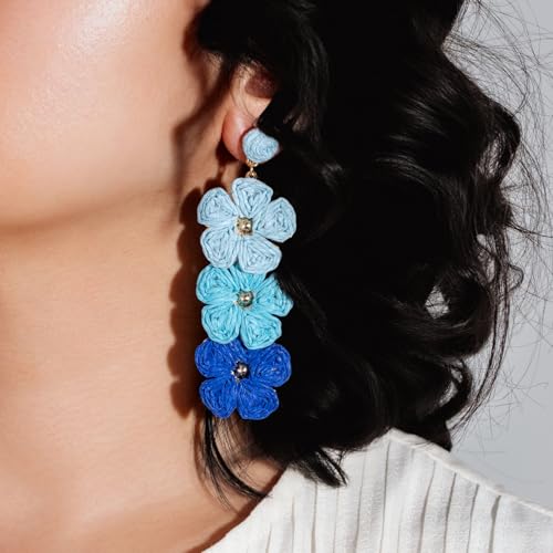 Boho Flower Earrings Statement Raffia Dangle Earrings Cute Floral Jewelry Trendy Summer Beach Vacation Outfits for Women - color: Blue-2