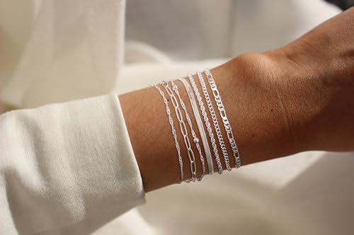 Tewiky Waterproof Gold Bracelets for Women Non Tarnish - Dainty Stack 14K Gold Plated/Sterling Silver Chain Bracelets Set Adjustable Trendy Jewelry for Women - style: Style F