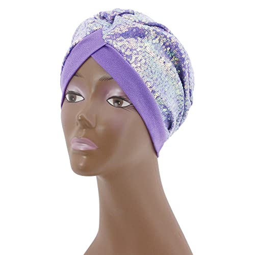 Erinaco Women Sparkle Sequin African Turban Bow Knot Pre-Tied Cap Pleated Ruffle Bonnet Beanie Hat Headwrap Skull Caps - color: Sparkle Light Purple