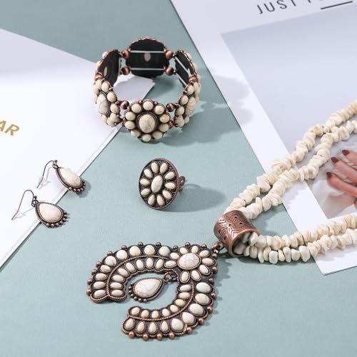 4 PCS Western Turquoise Jewelry for Women Boho Vintage Navajo Pearl Necklace Earring Bracelet Ring Set Country Cowgirl Accessories for Gift - color: G-White