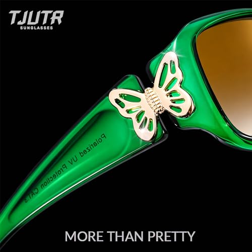 TJUTR Polarized Sunglasses for Women with Wrap Around Butterfly Design, Trendy Jackie-O Style for UV400 Protection - color: A73 Emerald Frame Gradient Brown Lenses