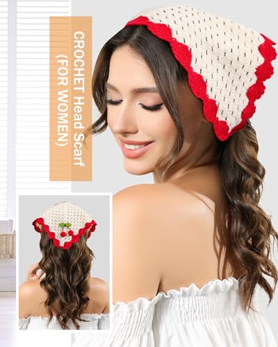 AWAYTR Crochet Head Scarf Hair Bandanas Women Knit Bandana Headband Scarf Tie-Back Head Coverings Floral Headscarf - color: Cherry - Black + White