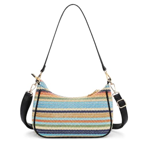 Straw Shoulder Bag for Women – Summer Woven Colorful Stripe Purse - color: Multicolor Straw