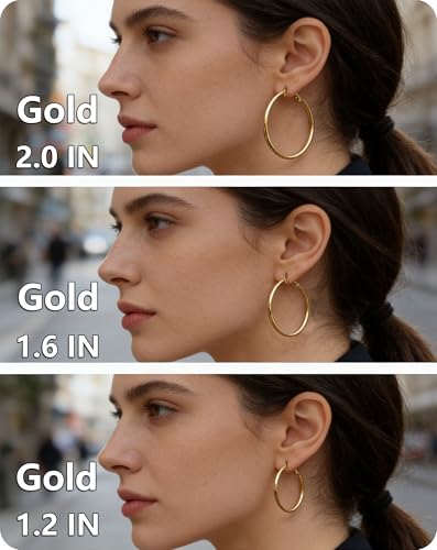 6 Pairs Silver Gold Hoop Earrings for Women - 14K Gold Plated 316 Stainless Steel, Hypoallergenic Lightweight 20/30/40/50/60/70mm Hoops Set - color: Gold & silver