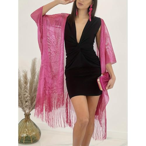 Sparkle Metallic Evening Shawls for Women formal Party Dresses Beach Travel Cardigan Shawl Wrap for Swimsuit - color: N-rose Red