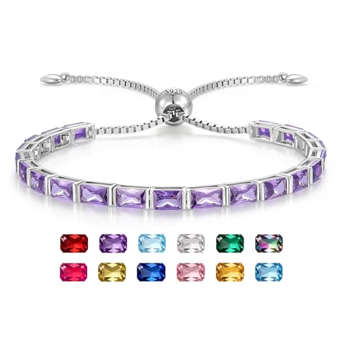 Radiant Cut Birthstone Tennis Bracelets for Women, Adjustable 6–9 Inches White Gold Plated Sterling Silver Bracelet, Hypoallergenic Anniversary Birthday Valentine’s Day Gift for Her - color: 02-Amethyst
