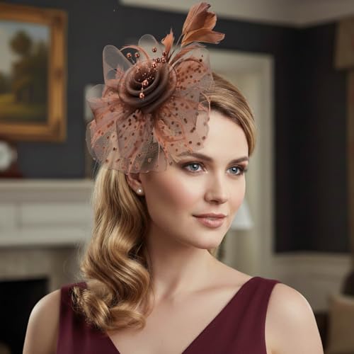 DRESHOW Fascinators Hat Flower Mesh Ribbons Feathers on a Headband and a Clip Tea Party Headwear for Girls and Women - color: 7" Diameter / Brown