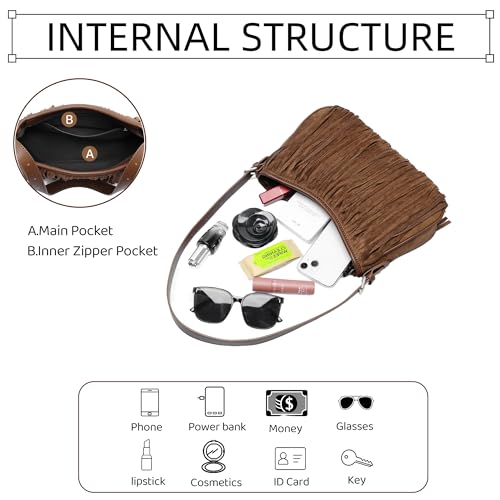 Fringe Shoulder Bag for Women Underarm Suede Western Hobo Purses and Handbags Trendy Crossbody Purse with Tassel - color: Brown