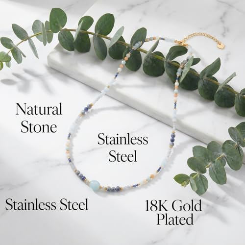 Harlermoon Beaded Necklace for Women, 18K Gold Plated Stainless Steel Natural Stone Crystal Boho Choker, Waterproof Hypoallergenic Jewelry Gift