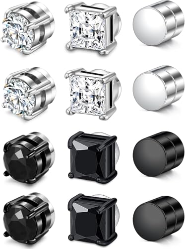 SIISPRI Magnetic Stud Earrings for Women Men Clip on Stud Earring Hypoallergenic Fake Earring Unisex Non Piercing CZ Halo Studs Diamond Earrings,Men's Aretes de lman - color: Black-Silver