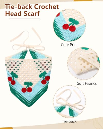 AWAYTR Crochet Head Scarf Hair Bandanas Women Knit Bandana Headband Scarf Tie-Back Head Coverings Floral Headscarf - color: Cherry - Orange + Blue