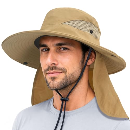 PFFY Sun Bucket Hats for Men Women Fishing Hat UV Protection Wide Brim Beach Safari Hat with Neck Flap - color: Khaki (With Neck Flap)