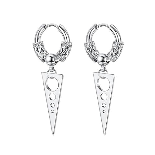 Sonateomber Gothic Silver Black Small Hoop Earrings for Women Men, Punk Hip Hop Engrave Beaded Goth Dangle Drop Earings Halloween Costumes Accessories Prom Fashion Jewelry Gift - color: Silver Triangle