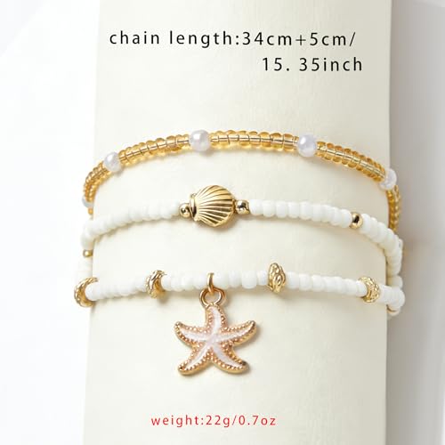 Starfish Seashell Ankle for Women ，14K Gold Bead Handmade Adjustable Plated Boho Shell Anklet ， Foot Chain Jewelry for Summer Beach Vacation - color: White Starfish 3PcS
