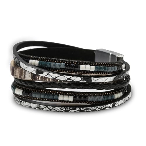 Fesciory Leather Wrap Bracelets for Women, Boho Leopard Multi-Layer Crystal Beads Cuff Bracelet Jewelry - color: Boho Braid(Black)