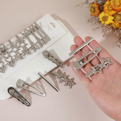 Ymapinc Silver Star Hair Clips, 16pcs Y2K Heart Hair Barrettes, Hair Accessories for Women Girls, 2000s Style Non-Slip Silver Metal Clips