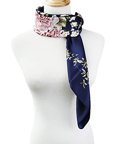 vabovin Satin Head Scarf for Women Silk Like Hair Scarf, 35 x 35 in | Silk Feel Fabric, Hair Wrap for Sleeping, Headscarf and Neck Scarf, Square Bandana Style, Fashion Accessory - color: 020 Navy Blue Peony