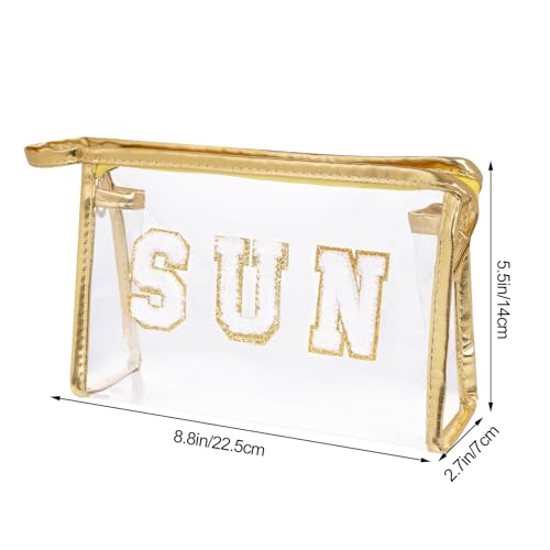Clear Preppy Patch Makeup Bag, Sun Chenille Letter Bag for Beach, Pouch With Zipper, Travel Cosmetic Toiletry Bag for Women Girls Teens (Gold) - color: Gold