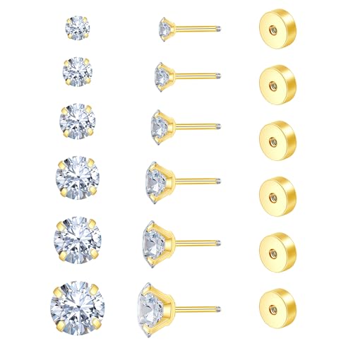 Flat Back Stud Earrings for Women - Hypoallergenic Surgical Steel Earrings with CZ Stones - 6 Pairs (18-20G) - color: 18K Gold-Plated, size: 18 G