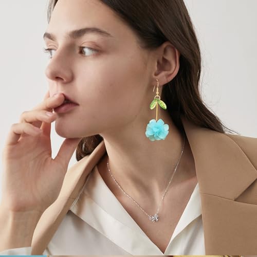 Resin Flower Cluster Ball Dangle Drop Earrings for Women Spring Summer Bohemian Floral Petal with Green Leaf Earrings Vacation Party Jewelry - color: Light Blue
