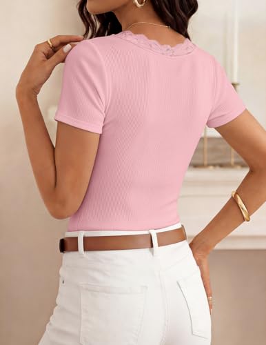 ZESICA Womens Summer 2026 Short Sleeve Trendy Lace V Neck Tops Fitted Cute Shirts Dressy Casual Blouses Y2k Going Out Outfits - color: Pink, size: Small
