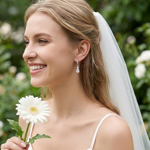 SWEETV Cubic Zirconia Dangle Earrings for Women, Teardrop Bridal Earrings for Wedding, Brides, Bridesmaids, Pear Shaped Drop Earrings for Women Prom Formal Party, Silver - color: Silver-Style3