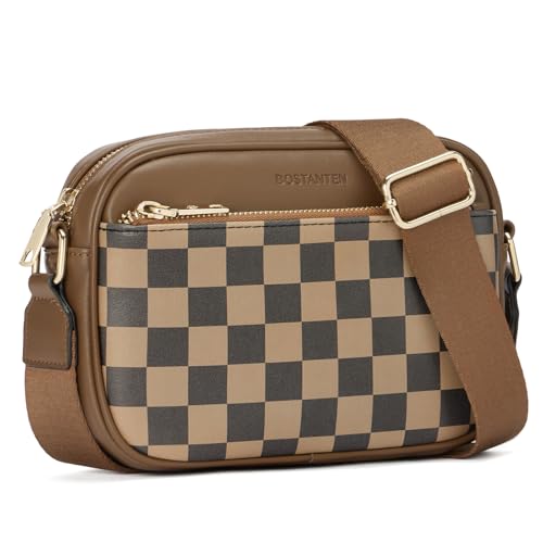 BOSTANTEN Quilted Crossbody Bags for Women Vegan Leather Purses Shoulder Handbags with Wide Strap - color: Checkered Coffee