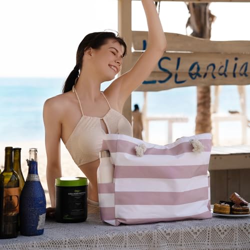 Clothirily Beach Bag for Women - Large Beach Tote Bag, Waterproof Sandproof Beach Bag with Zipper, Large Swim Pool Beach Tote - color: Pink