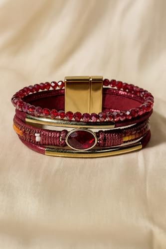 Boho Layered Bracelet for Women – Green Crystal Beaded Wrap Bracelet with Gold Clasp, Multi-Strand Hypoallergenic Statement Jewelry - color: Red Ruby