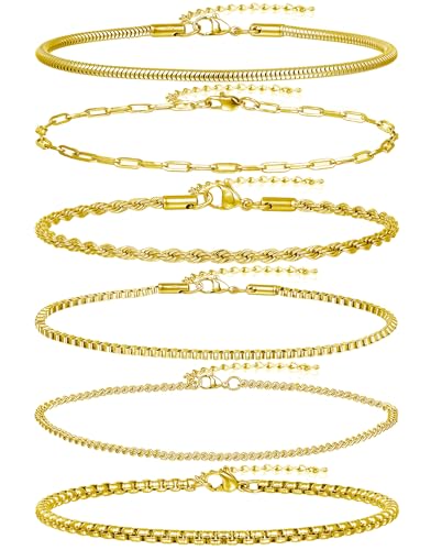 6Pcs Stainless Steel Chain Bracelets for Men Women 2mm Cuban Snake Twists Rope Box Beads Paperclip Link Chain Bracelet Sets Jewelry Gifts 7 Inches Length Adjustable - style: B:6 Gold-Chains