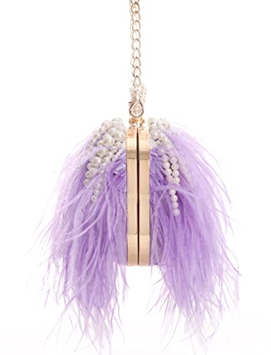 Women Real Natural Ostrich Feather Evening Bags Purses Clutch Vintage Banquet Handbag - color: Purple With Pearl
