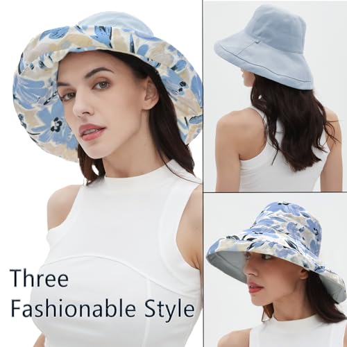 vidsel Womens Sun Hats Wide Brim Reversible Bucket Cotton Hat Packable Summer Travel Cap with Hat Clip,UV Protection - color: Blue, size: Medium