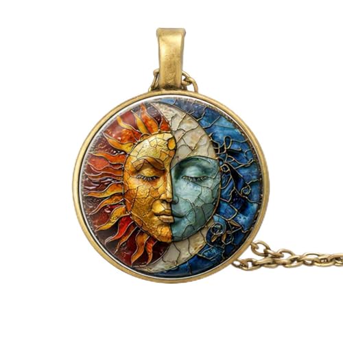 1pc Stunning Round Pendant Necklace - Unique Sun & Moon Pattern, Oil Painting Style Glass Mosaic, Alloy Construction, Trendy Sweater Chain, Fashionable Gift for Women - Christmas or Birthday Gift - color: Bronze Chain