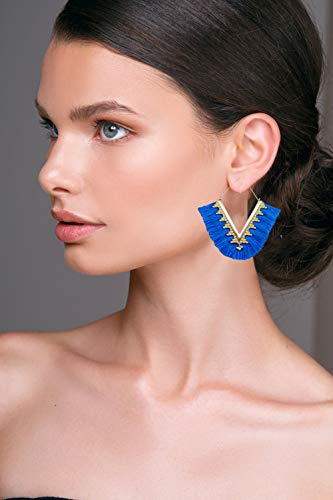 Tassel Hoop Earring Statement Thread Dangle Earrings Stylish Long Fringe Drop Earrings Lightweight Long Swingy French Hook Earrings for Women - color: A Royal Blue