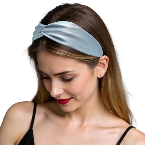 ZLYC Mulberry Silk Headband Elastic Twist Knotted Head Bands for Women's Hair, Solid Light Blue - color: Solid Light Blue