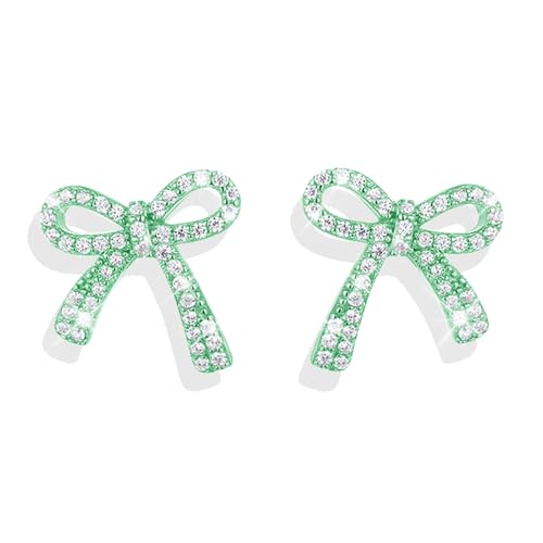 Rhinestone Bow Earrings for Women, Elegant Bridal Jewelry Statement Drop Dangle Earrings, Wedding Guest Dress Matching Accessories, Bridesmaid Gift, Sparkling Party Costume Outfit - color: A7:Green Bow Stud Earrings