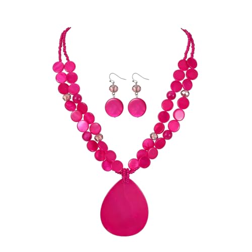Big Teardrop Pendant Necklaces for Women Colorful Beaded Necklaces Statement Set for Holiday. - color: Hot Pink