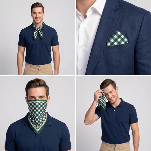 Single Pack Bandanas 60s Premium Cotton Soft Thin Handfeel Large Handkerchief for Men and Women - color: Green Plaid