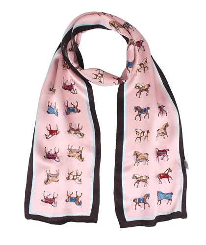 ANDANTINO 100% Silk Scarf for Women 59”*6.3” Long Shawls for Headscarf and Neck- Oblong Hair Wraps with Gift Packed - color: Pink-horses